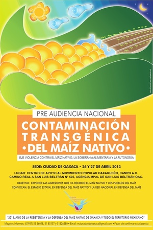 Affiche pour la session préliminaire sur la contamination du maïs transgénique à San Luis Beltran, dans l’Oaxaca, avril 2013.