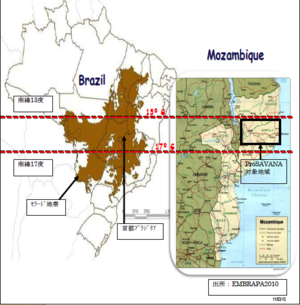 (Cliquer pour élargir) Diapo d’une présentation par le ministère de l’Agriculture du Mozambique du projet ProSavana durant la Conférence triangulaire des Peuples à Maputo, le 8 août 2013. La diapositive montre comment le projet cherche à reproduire Cliquer pour élargir : Diapo d’une présentation par le ministère de l’Agriculture du Mozambique du projet ProSavana durant la Conférence triangulaire des Peuples à Maputo, le 8 août 2013. La diapositive montre comment le projet cherche à reproduire l’expansion rapide des plantations de soja dans le cerrado brésilien. (Photo : ProSavana)