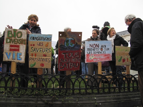 Manifestation paysanne et citoyenne devant le parlement européen à Bruxelles pour demander la défense des semences paysannes en janvier 2014. (Photo : ECVC)