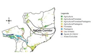  Map indicating land available for agriculture in the Nacala Corridor (green and yellow areas). Data compiled by the Instituto de Investigação Agrária de Moçambique (IIAM).