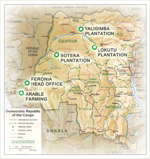 Mapa de la RDC que muestra las plantaciones de Feronia