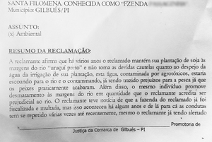 Plainte déposée sur les impacts causés par l'utilisation de produits phytosanitaires pour la production de soja, Santa Filomena, Piauí.