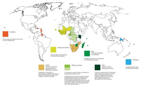 Cette carte du monde montre les regroupements régionaux à des stades différents de signature ou de négociation de l’APE. Actuellement, seules les Caraïbes ont signé un APE complet. Dans les régions Afrique et Pacifique, les accords ont été réduits à des textes provisoires qui ne concernent pour l’instant que le commerce des marchandises. En Afrique de l’Ouest par exemple, tous les pays ont signé, sauf le Nigeria, la Gambie et la Mauritanie. En Afrique centrale, seul le Cameroun s’est désolidarisé en signant. Il faut noter que, sous la pression de Bruxelles, tous les pays ont négocié en tant que blocs régionaux, pensant qu’ils signeraient en bloc. En d’autres termes, le Kenya en l’occurrence ne peut pas bénéficier des bénéfices liés à l’APE tant que tous les pays de la Communauté d’Afrique de l’Est (CAE) n’auront pas ratifié l’accord. Très clairement cette approche n’a pas vraiment favorisé le processus d’intégration régionale en Afrique, loin s’en faut.