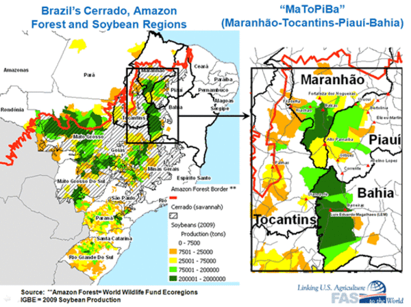 Carte de la région du BAMPAPITO, montrant la zone du Cerrado et la zone de production du soja, 2009. (Source&nbsp;: USDA)