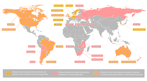 Mapa: inversiones mundiales de los fondos de pensión en tierras agrícolas.