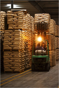 Millions of kilos of government-owned milk powder stored in a warehouse in Fowler, California, US. Skimmed and whole milk powder is the primary form through which milk is traded globally, as fresh milk is too perishable for international trade (Photo: Peter DaSilva/NYT).