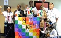 Left to right: Berenice Sánchez, Godwin Ojo, Nnimmo Bassey, Joseph K. Towett, Tom Goldtooth and Marlon Santi.  (Photo: Stephen Leahy/IPS)